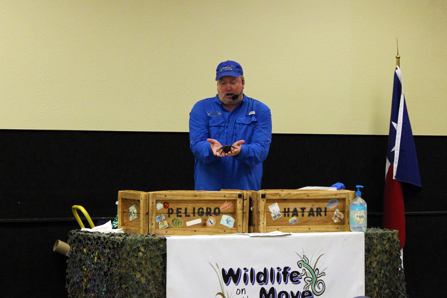 Presenter holding a large spider in hands